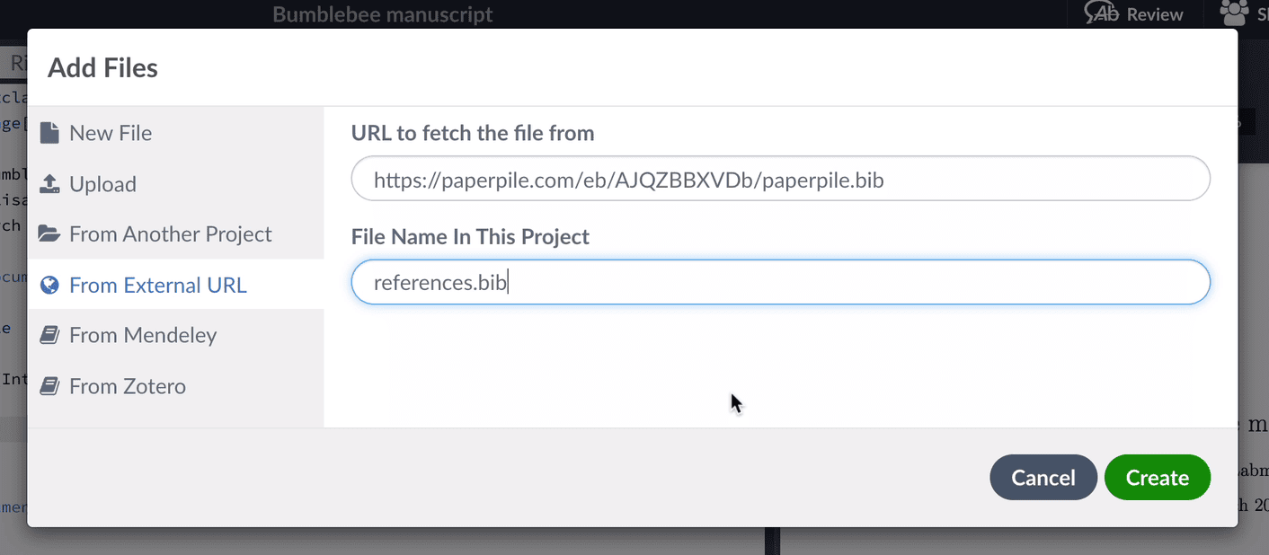 Overleaf’s “Add Files” dialog with “From External URL” selected, the Paperpile .bib link pasted into “URL to fetch the file from” and “references.bib” as the file name, above Cancel and Create.